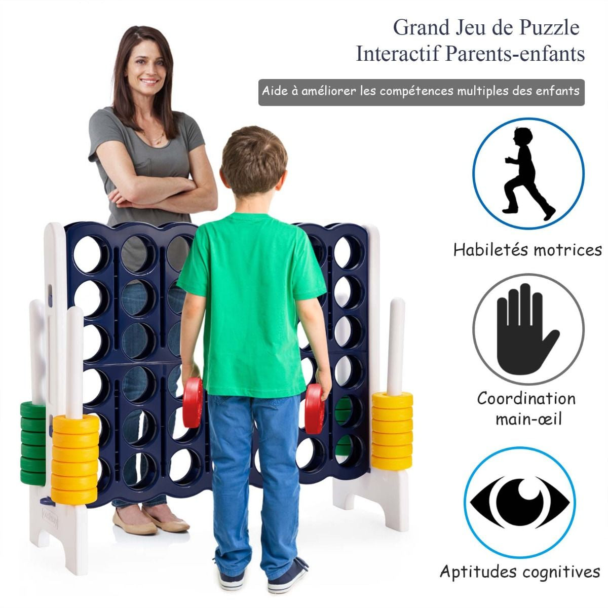 Jeu Puissance 4 Géant Avec 42 Anneaux Et 2 Leviers De Redémarrage Pour Fête Intérieur Extérieur 120X42X104Cm Bleu