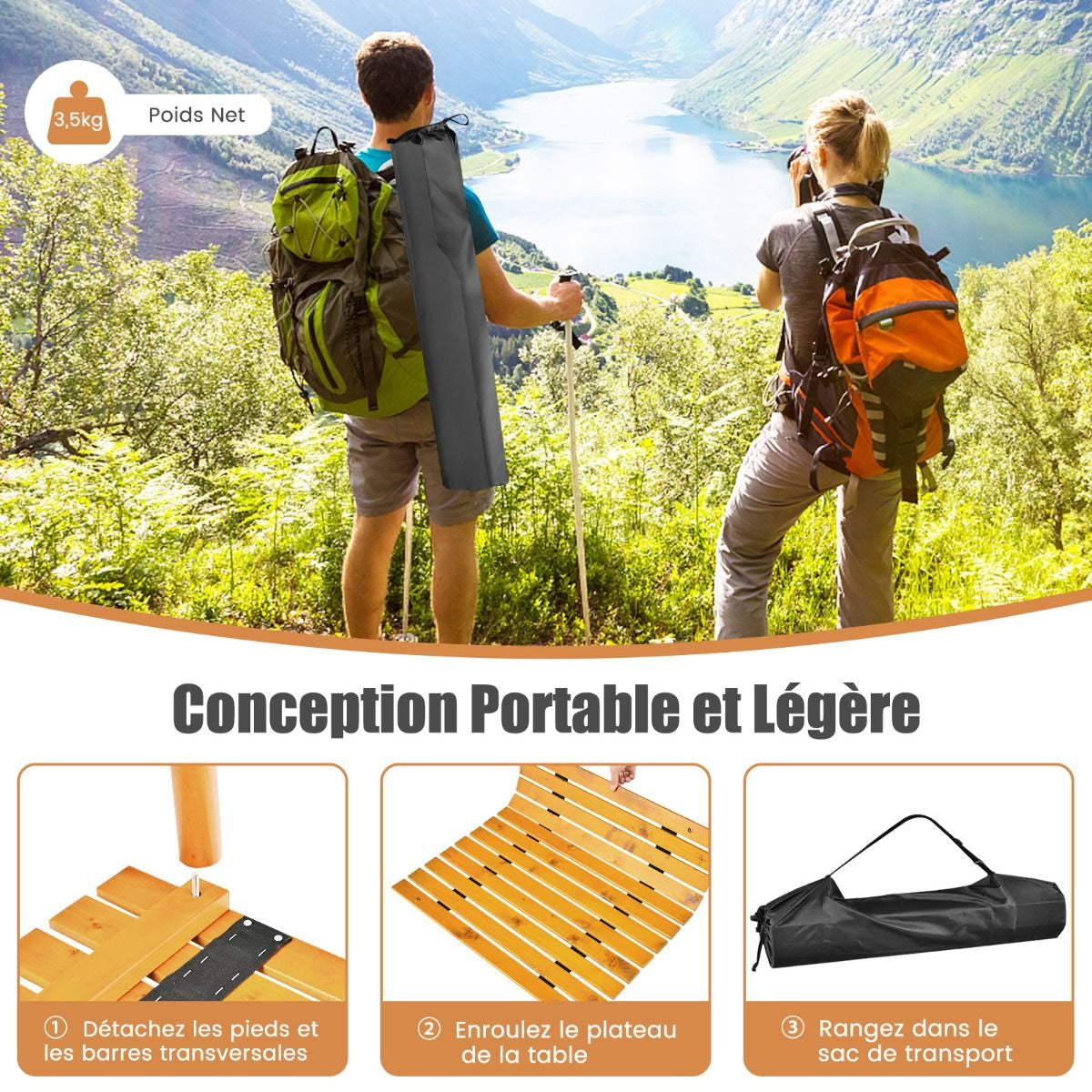 Table De Camping Pliante Avec Sac De Transport Pour Pique-Nique Plage Barbecue Camping Pêche Naturel/Gris