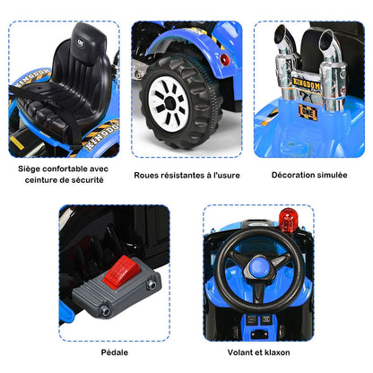 Tracteur Pour Enfants 3-8 Ans Tracteur Electrique Avec 2 Choix De Vitesse Et Chargeuse Marche Avant Et Arrière Vert/Bleu/Jaune