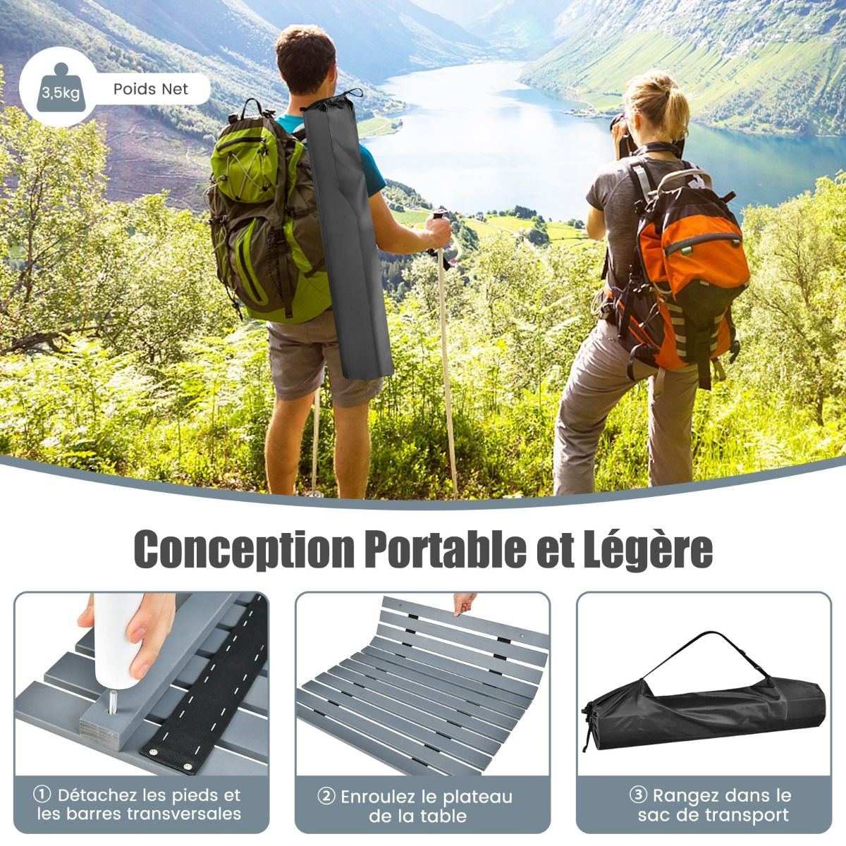 Table De Camping Pliante Avec Sac De Transport Pour Pique-Nique Plage Barbecue Camping Pêche Naturel/Gris