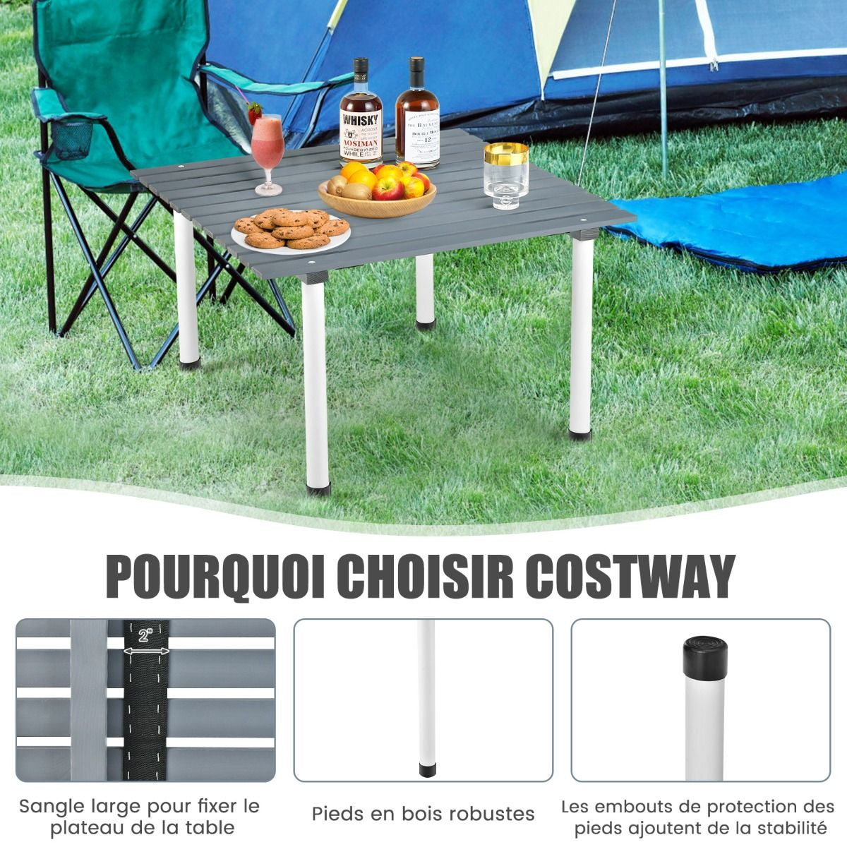 Table De Camping Pliante Avec Sac De Transport Pour Pique-Nique Plage Barbecue Camping Pêche Naturel/Gris