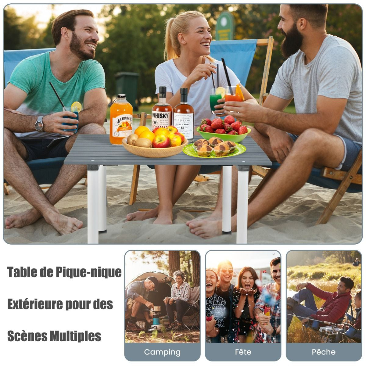 Table De Camping Pliante Avec Sac De Transport Pour Pique-Nique Plage Barbecue Camping Pêche Naturel/Gris