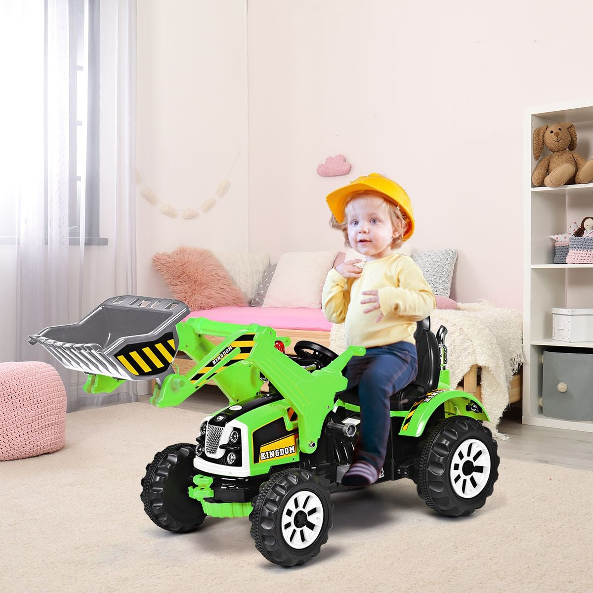 Tracteur Pour Enfants 3-8 Ans Tracteur Electrique Avec 2 Choix De Vitesse Et Chargeuse Marche Avant Et Arrière Vert/Bleu/Jaune