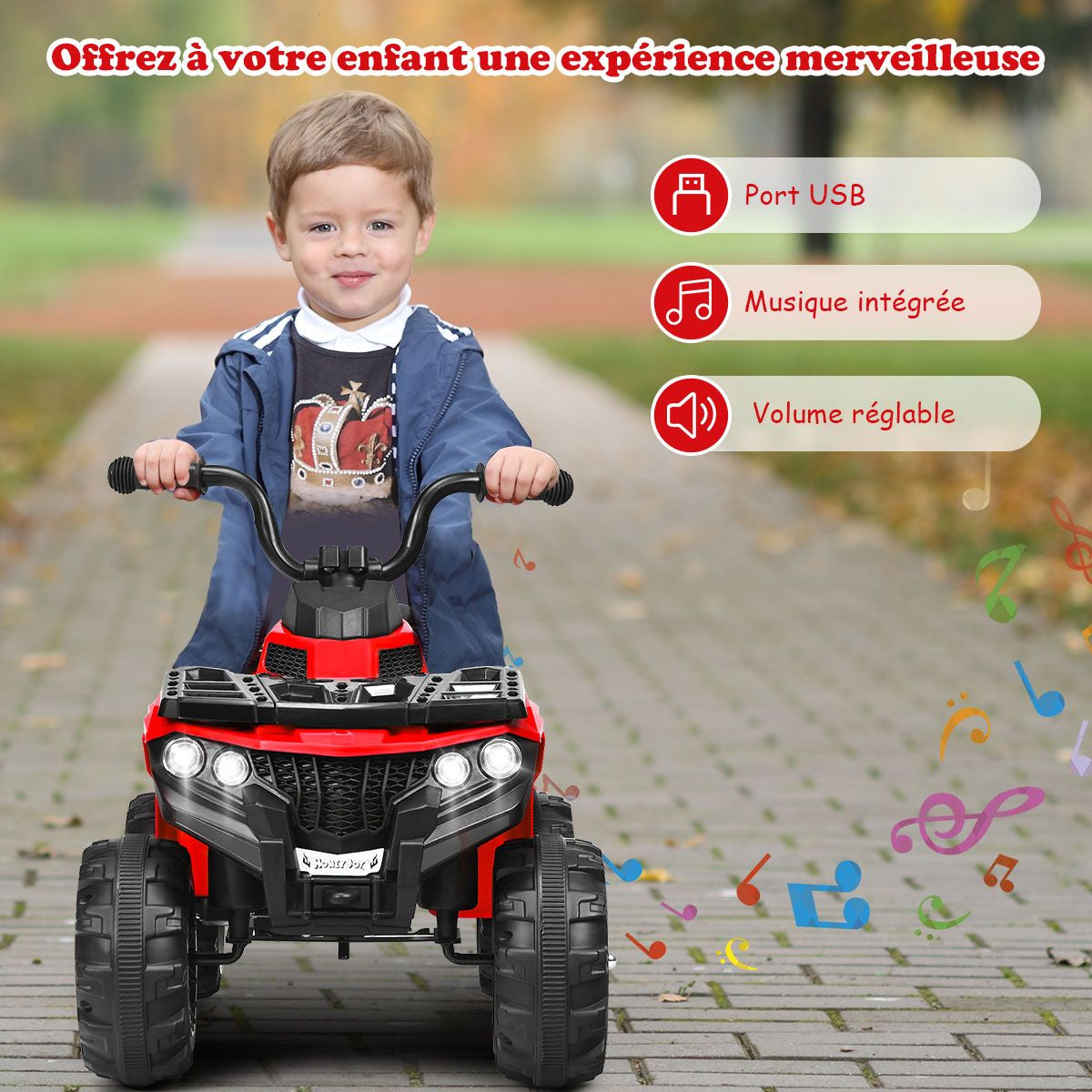 Quad Electrique Pour Enfants 3 Km/H Phares Musique MP3 USB AUX Volume Réglable Voiture Pour Enfants De 3-6 Ans Blanc/Rouge/Bleu
