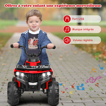 Quad Electrique Pour Enfants 3 Km/H Phares Musique MP3 USB AUX Volume Réglable Voiture Pour Enfants De 3-6 Ans Blanc/Rouge/Bleu