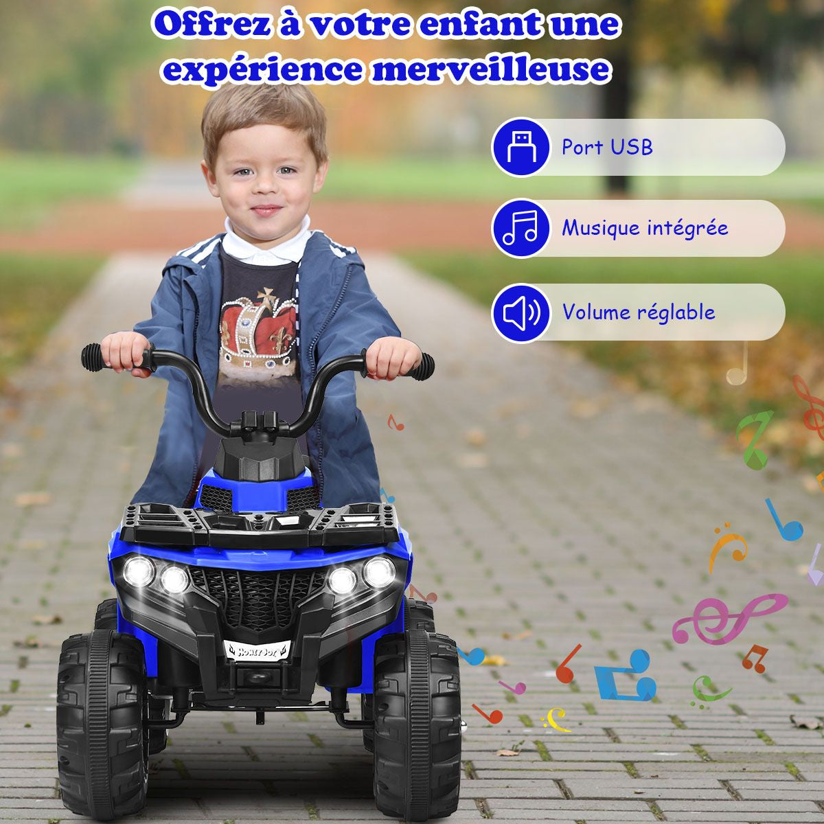 Quad Electrique Pour Enfants 3 Km/H Phares Musique MP3 USB AUX Volume Réglable Voiture Pour Enfants De 3-6 Ans Blanc/Rouge/Bleu
