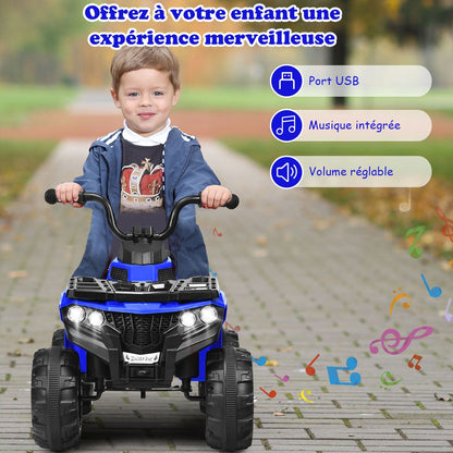 Quad Electrique Pour Enfants 3 Km/H Phares Musique MP3 USB AUX Volume Réglable Voiture Pour Enfants De 3-6 Ans Blanc/Rouge/Bleu