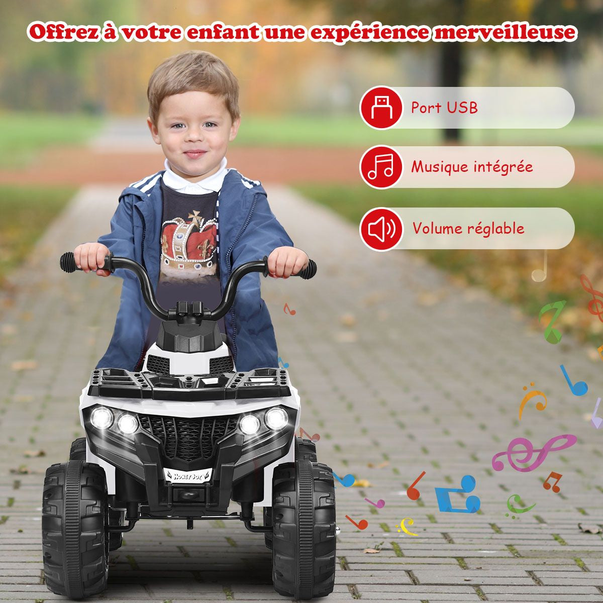 Quad Electrique Pour Enfants 3 Km/H Phares Musique MP3 USB AUX Volume Réglable Voiture Pour Enfants De 3-6 Ans Blanc/Rouge/Bleu