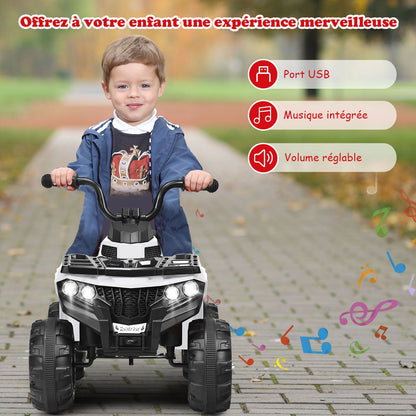Quad Electrique Pour Enfants 3 Km/H Phares Musique MP3 USB AUX Volume Réglable Voiture Pour Enfants De 3-6 Ans Blanc/Rouge/Bleu