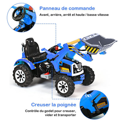 Tracteur Pour Enfants 3-8 Ans Tracteur Electrique Avec 2 Choix De Vitesse Et Chargeuse Marche Avant Et Arrière Vert/Bleu/Jaune