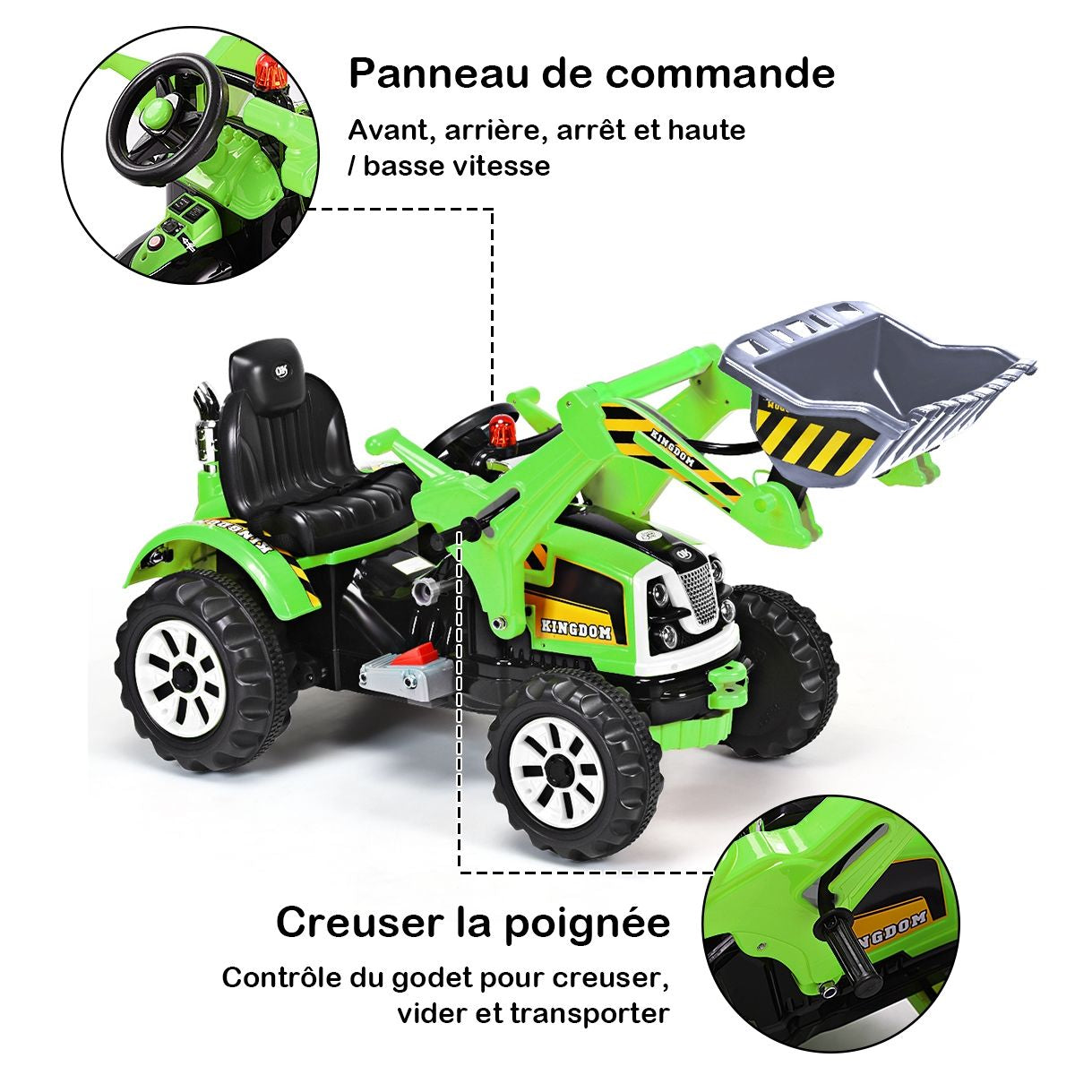 Tracteur Pour Enfants 3-8 Ans Tracteur Electrique Avec 2 Choix De Vitesse Et Chargeuse Marche Avant Et Arrière Vert/Bleu/Jaune