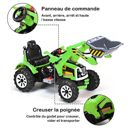 Tracteur Pour Enfants 3-8 Ans Tracteur Electrique Avec 2 Choix De Vitesse Et Chargeuse Marche Avant Et Arrière Vert/Bleu/Jaune