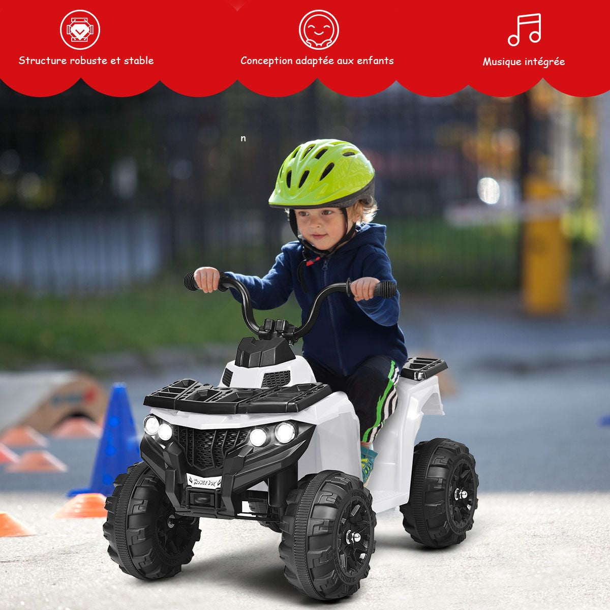 Quad Electrique Pour Enfants 3 Km/H Phares Musique MP3 USB AUX Volume Réglable Voiture Pour Enfants De 3-6 Ans Blanc/Rouge/Bleu