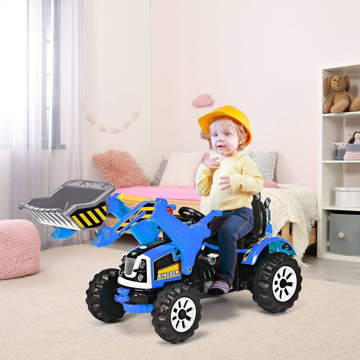 Tracteur Pour Enfants 3-8 Ans Tracteur Electrique Avec 2 Choix De Vitesse Et Chargeuse Marche Avant Et Arrière Vert/Bleu/Jaune