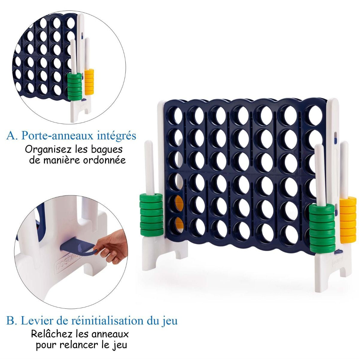 Jeu Puissance 4 Géant Avec 42 Anneaux Et 2 Leviers De Redémarrage Pour Fête Intérieur Extérieur 120X42X104Cm Bleu